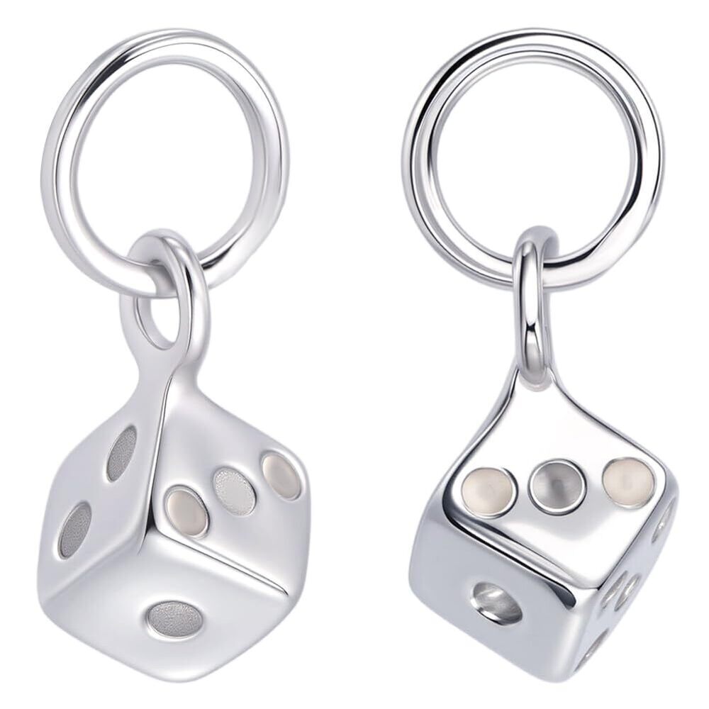 7747 1 Box 2Pcs Dice Charm Keychain Rhodium Plated 925 Sterling Silver Cube